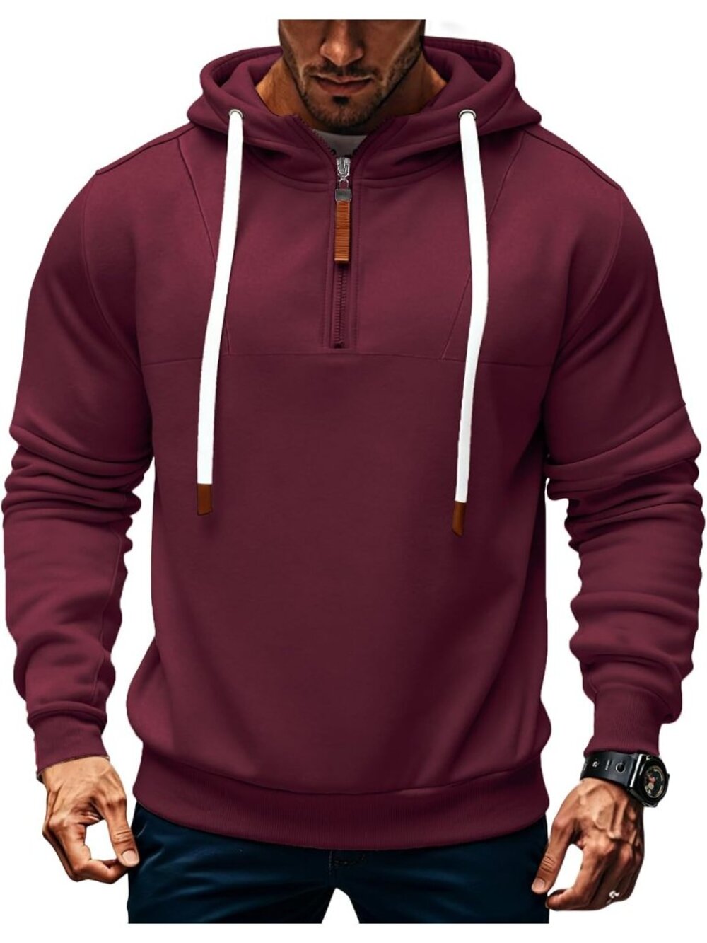 Men's Red Quarter ZIP Long Sleeve Pullover Polyester Sweatshirt Hoodies